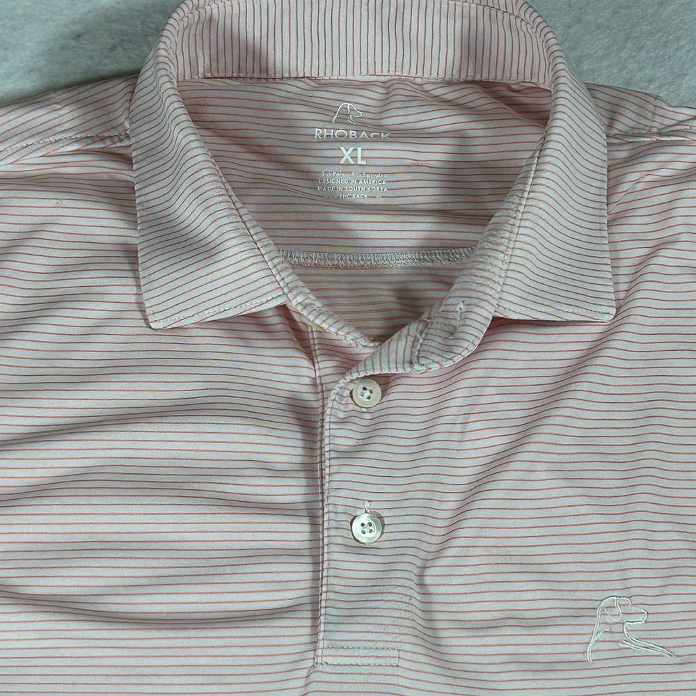 Rhoback Polo Shirt Mens XL Coral White Striped Golf Performance Stretch